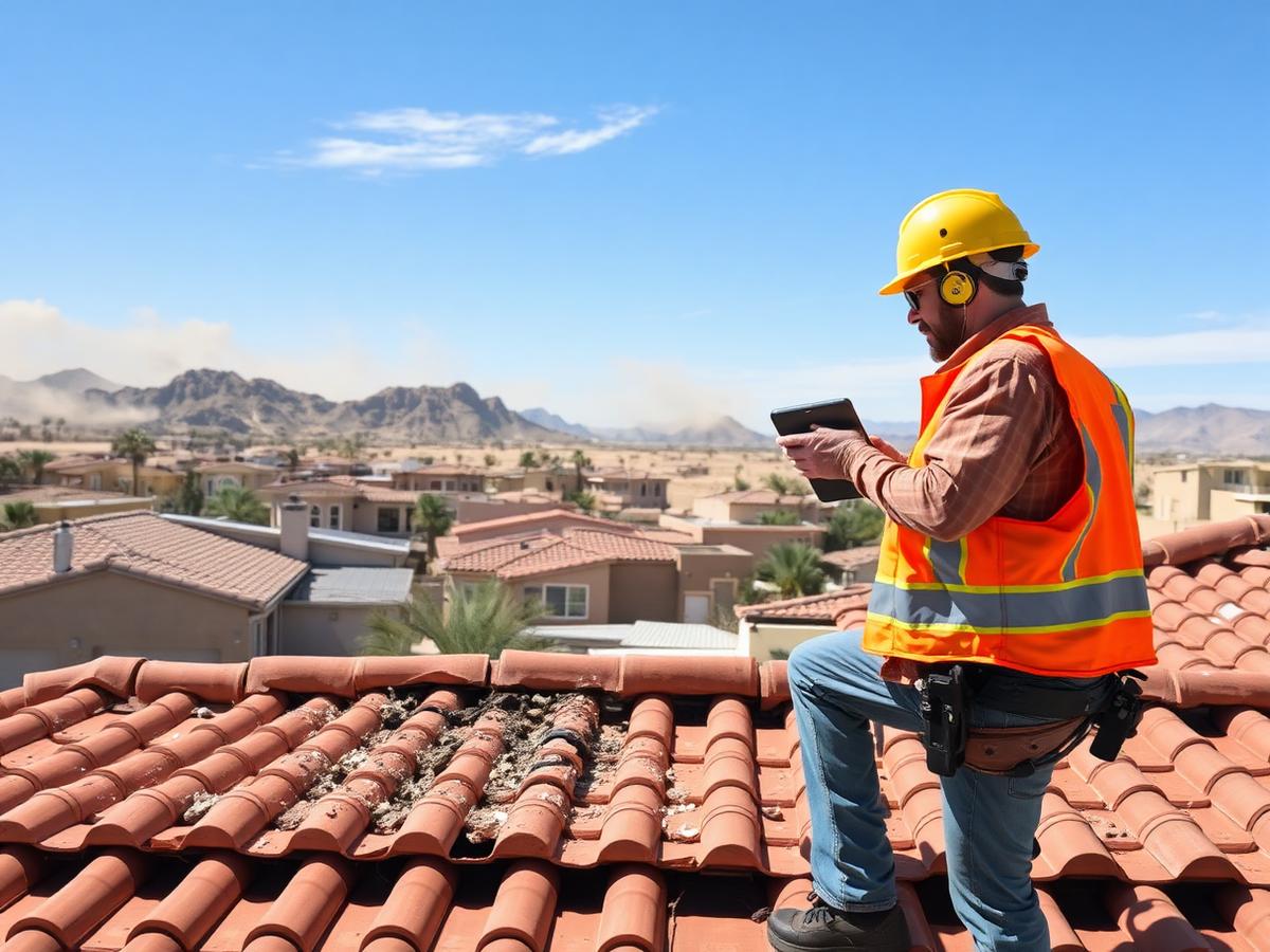 Roof inspector documenting storm damage in Phoenix